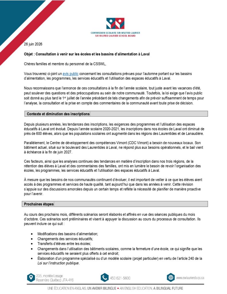 Letter ALL staff and families consultation Laval schools june 26 2026 FRC page 0001