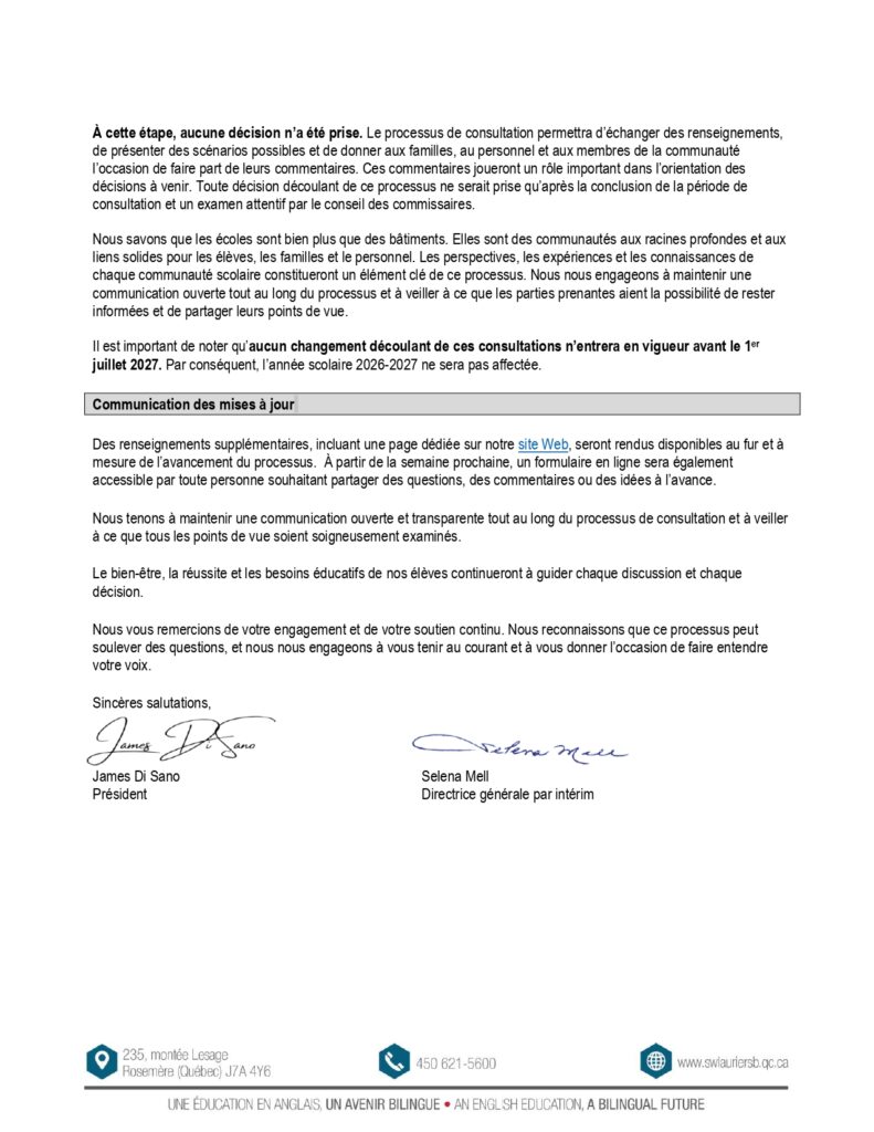 Letter ALL staff and families consultation Laval schools june 26 2026 FRC page 0002