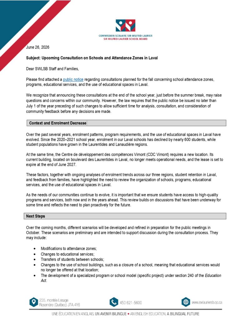 Letter ALL staff and families consultation Laval schools june 26 2026 rev page 0001